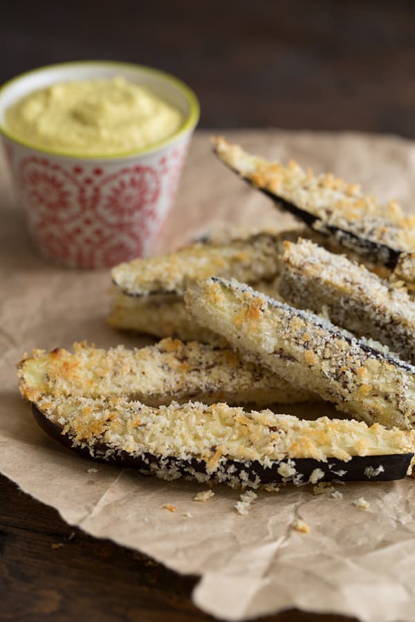 Panko crusted baked eggplant fries with curried cashew aioli feature