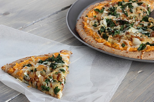 Sweet Potato Pizza with Kale and Caramelized Onions Slice
