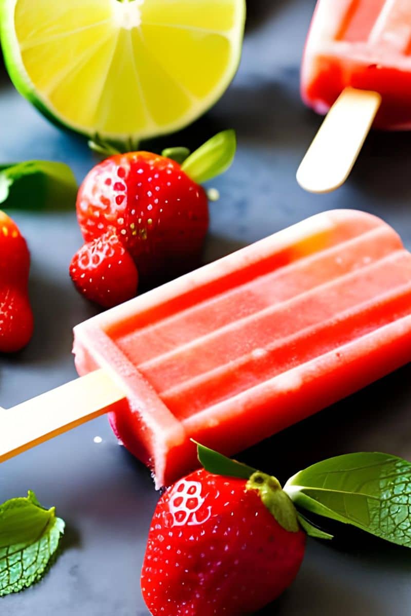 strawberry mojito popsicles surrounded by fresh limes and mint
