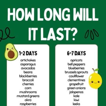 close up of cheat sheet showing how long fruits and veggies last