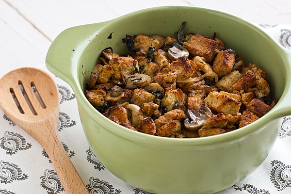Gluten Free Stuffing with Kale, Caramelized Onions, and Mushrooms