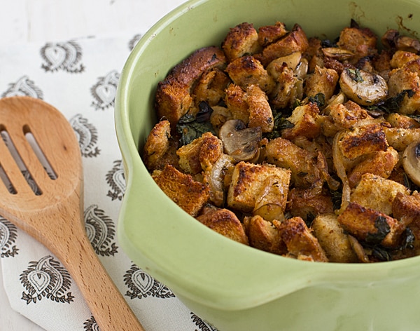 Gluten-Free Stuffing with Kale, Caramelized Onions, and Mushrooms Recipe