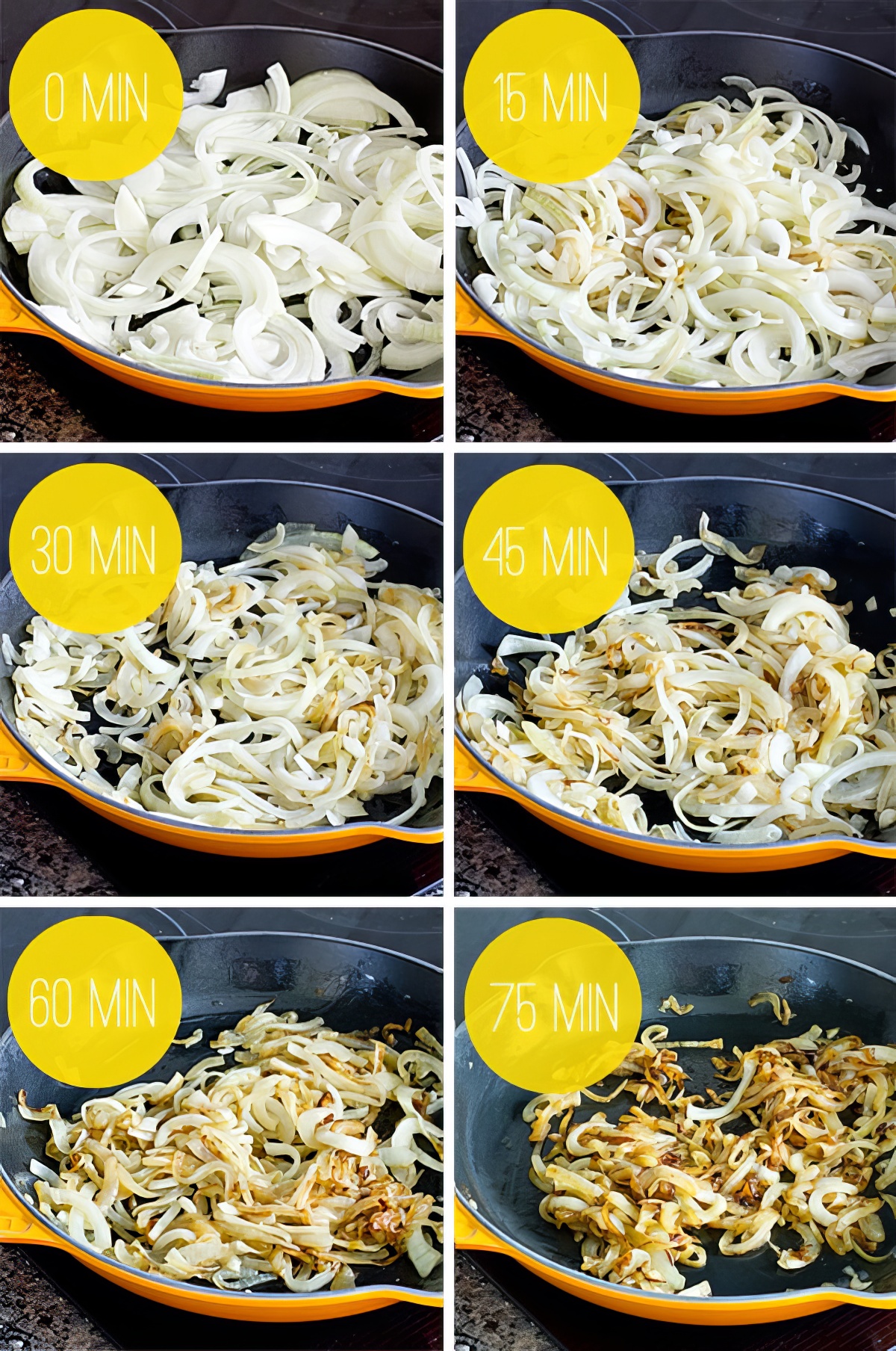 Infographic showing how long it takes to caramelize onions - you can see the results at different cook times.