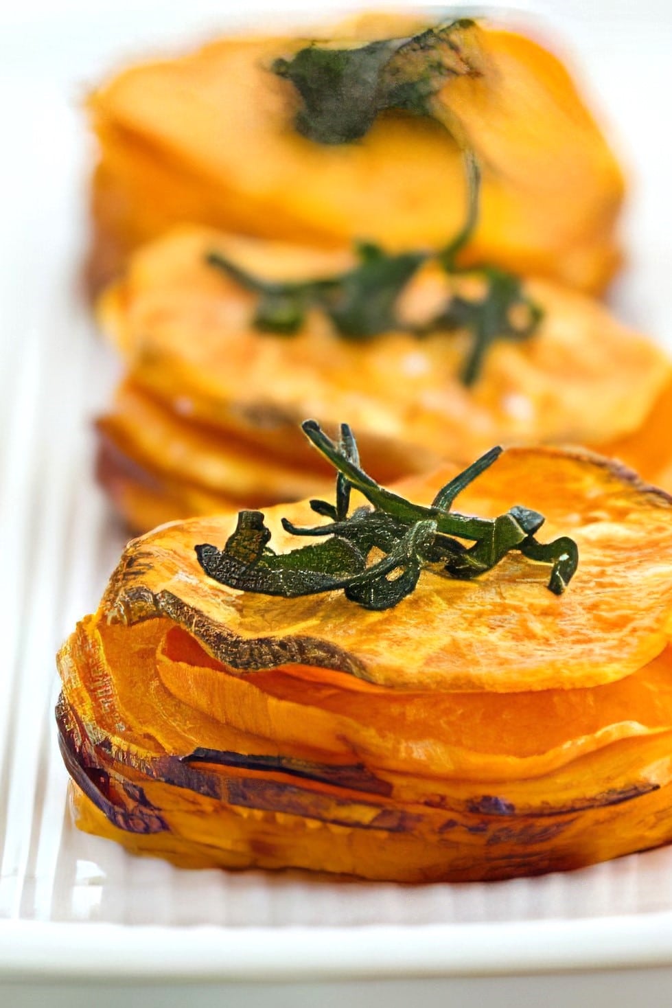 close up of crispy sweet potato stacks