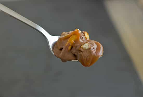 Chocolate Caramel Pretzel Gelato on Spoon
