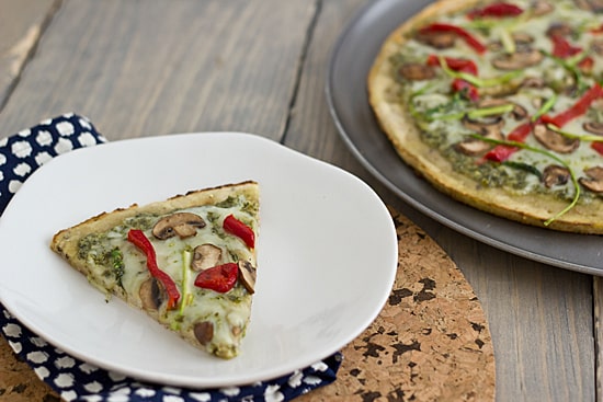 Pesto Pizza with Roasted Red Peppers, Cremini Mushrooms & Asparagus
