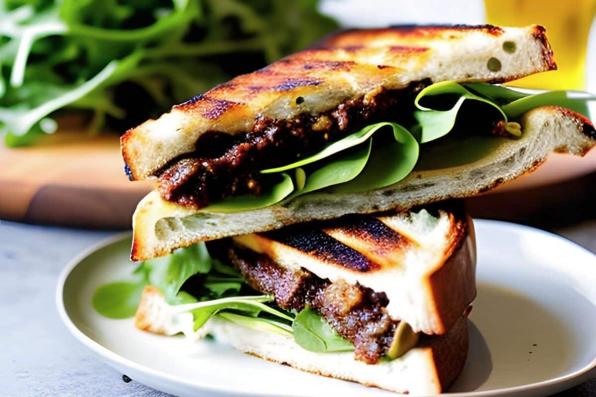 Portobello panini on a white plate