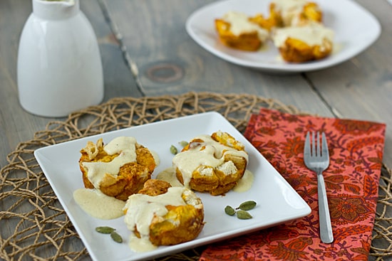 Sweet Potato French Toast Cups being served on a white dish