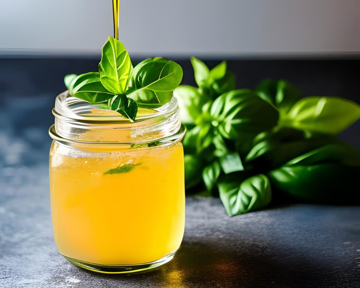 homemade basil simple syrup in a small jar