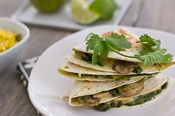 Mushroom Zucchini Quesadillas with Cilantro Pesto