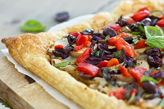 Caramelized Onion & Eggplant Puff Pastry Tart with Kalamata Olives, Roasted Red Peppers & Basil [close]