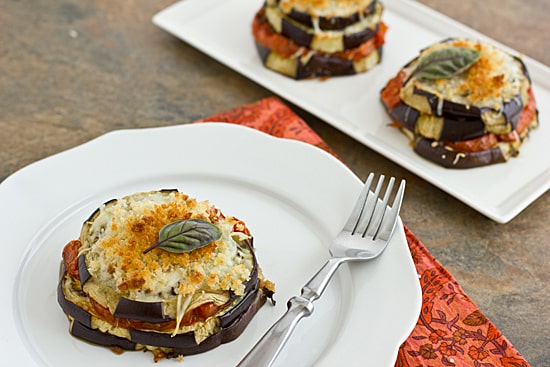 Lightened-Up Eggplant Parmesan Stacks on plate