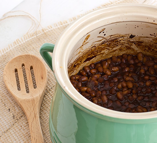 vegan baked beans in a cast iron enameled pot