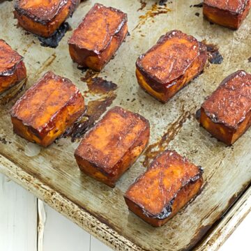 baked barbecue tofu on a baking sheet