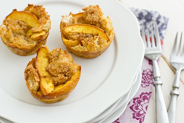 Peach French Toast bites on a white plate