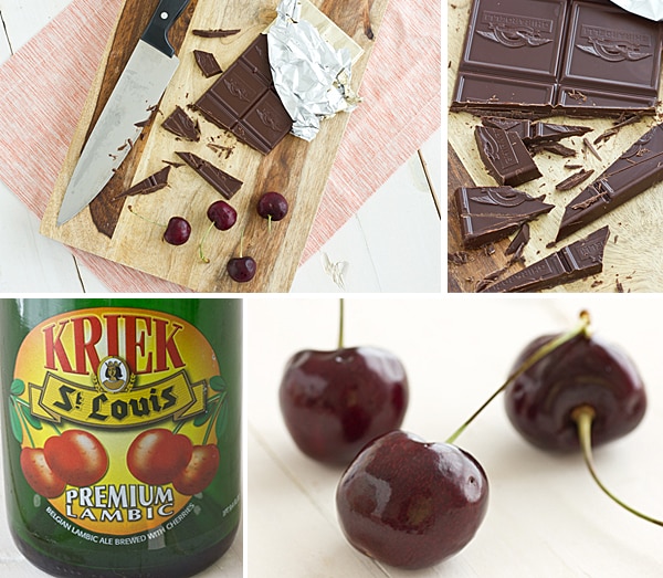 A collage of photos featuring chocolate on a cutting board with cherries, chopped chocolate bars, a lambic beer label, and fresh cherries on a whitewashed tabletop