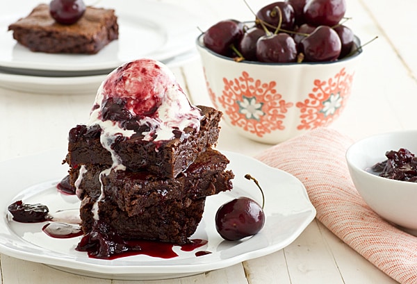 Cherry Lambic Brownies sitting on white plate