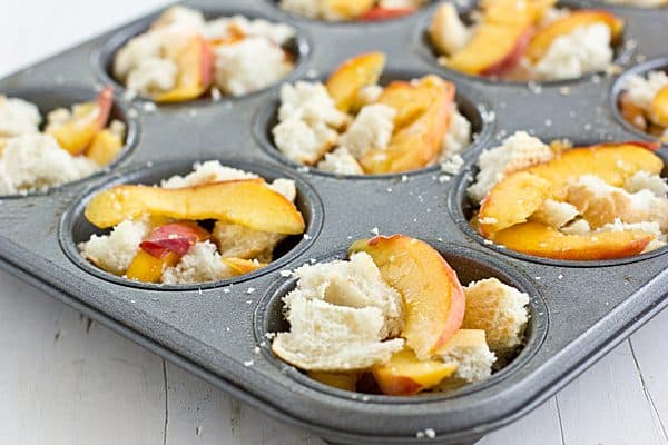 making peach french toast in a muffin tin