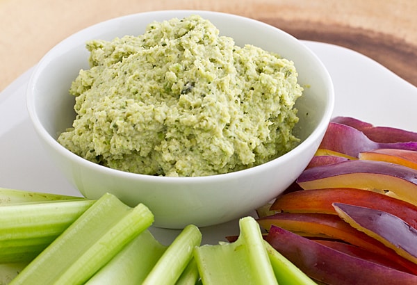 Edamame Hummus with Celery and Purple Bell Pepper