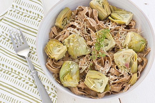 Whole Wheat Black Pepper Fettuccine with Baby Artichokes