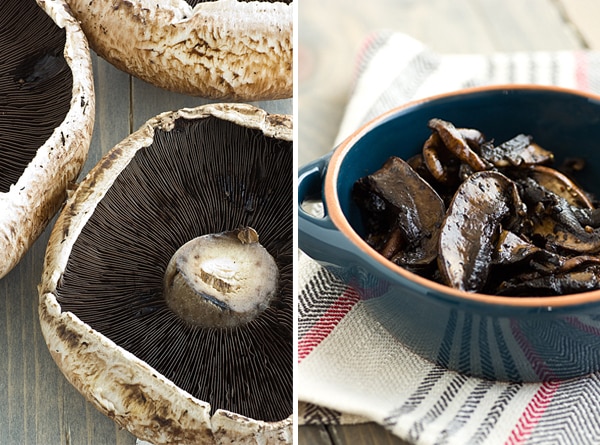 collage of uncooked and cooked Portobello Mushrooms for Cheesesteaks