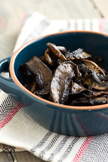 Sauteed Mushrooms for Cheesesteaks in a blue pot