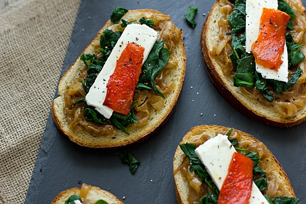 Spinach, Caramelized Onion & Roasted Pepper Open-Faced Sandwiches from Vegetable Literacy