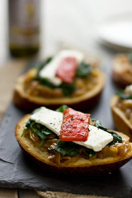 Spinach, Caramelized Onion & Roasted Pepper Open-Faced Sandwiches from Vegetable Literacy
