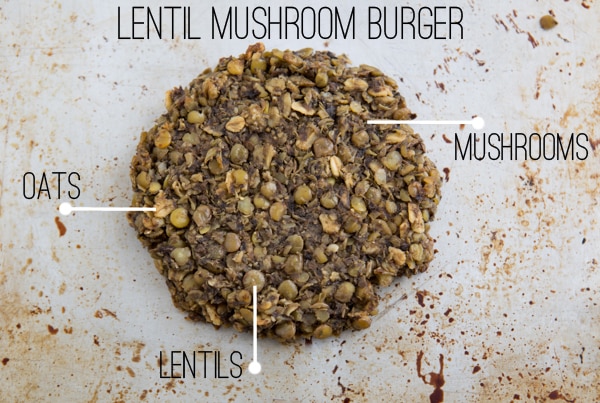 mushroom lentil burger patty with labels showing oats, lentils, and mushrooms