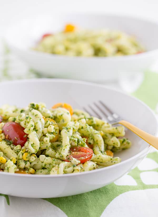 Pasta with Cilantro Jalapeño Pesto, Fresh Corn & Tomatoes Recipe