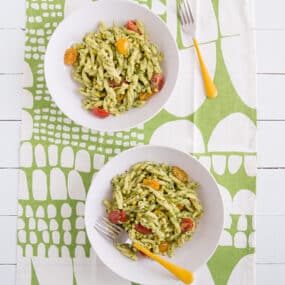 Pasta with Cilantro Jalapeño Pesto, Fresh Corn & Tomatoes