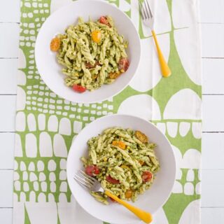 Pasta with Cilantro Jalapeño Pesto, Fresh Corn & Tomatoes