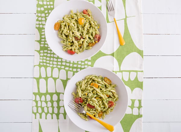 Pasta with Cilantro Jalapeño Pesto, Fresh Corn & Tomatoes