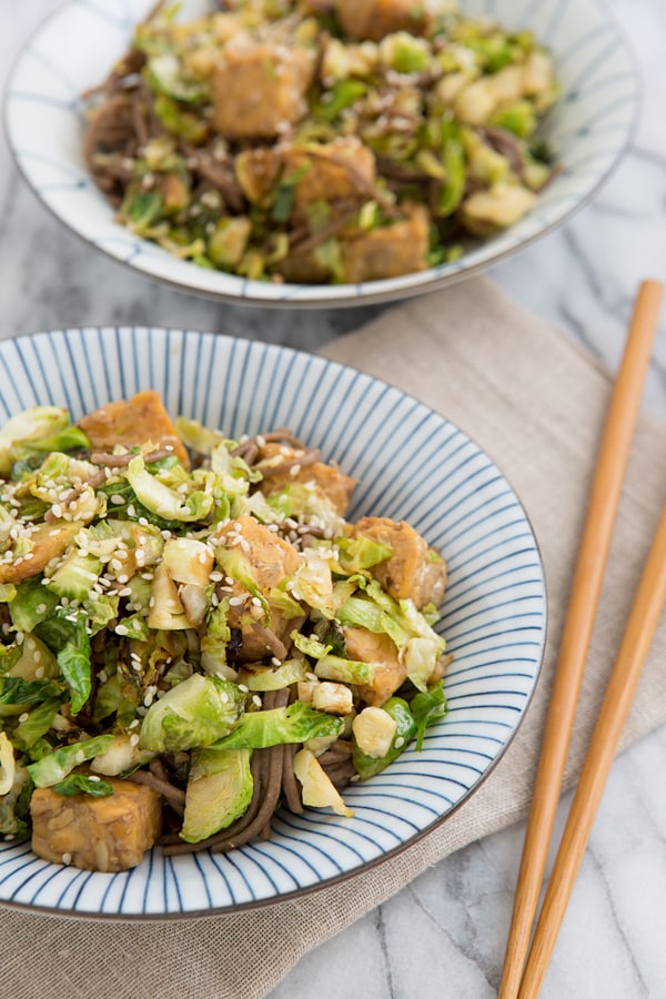 Brussels Sprout, Tempeh & Soba Noodle Skillet