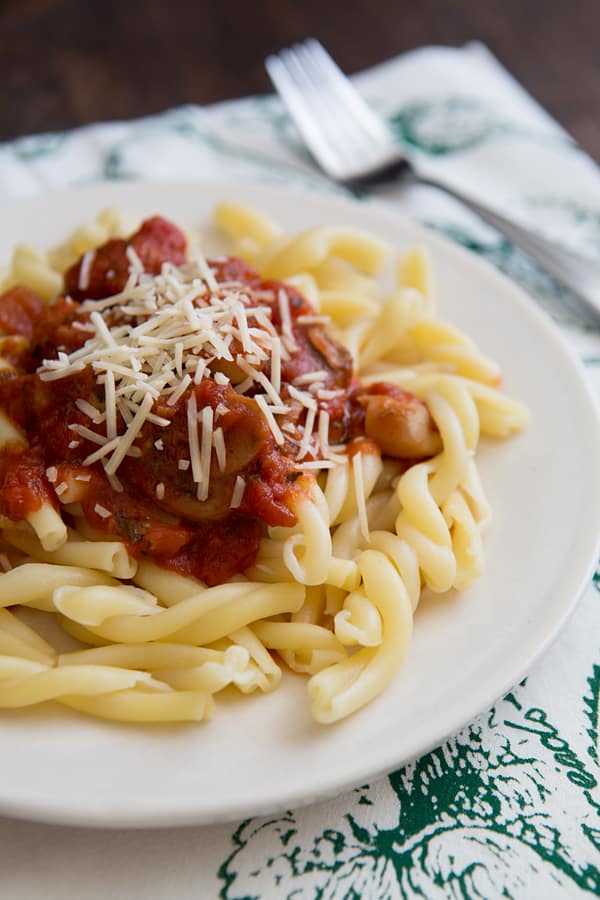 pasta topped with vegetarian mushroom marinara sauce