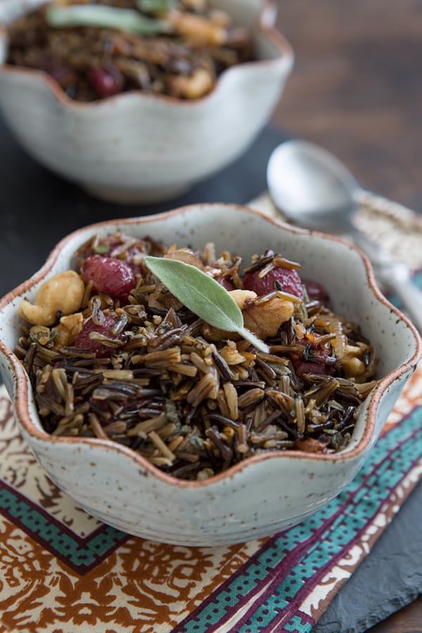 Wild Rice with Roasted Grapes & Walnuts in a serving bowl