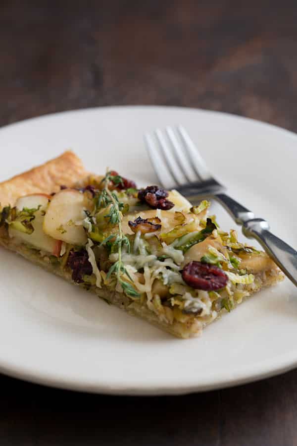 Brussels Sprout and Apple Tart with Walnut Pesto and Cranberries