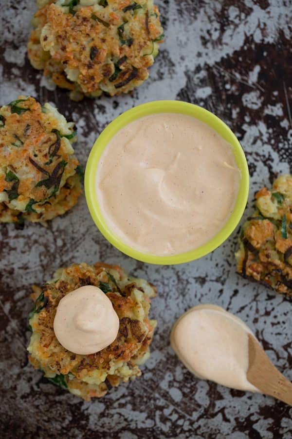Crispy Cauliflower Carrot Fritters with Smoky Garlic Aioli