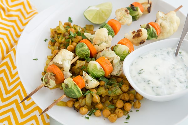 Roasted Vegetable Kebabs with Curried Chickpeas and Yogurt Sauce Recipe