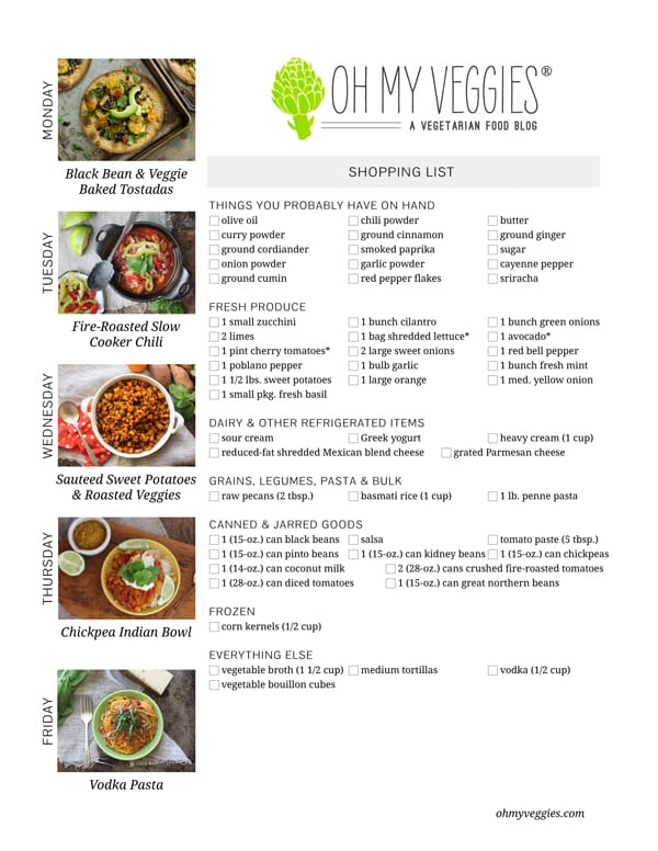 Vegetarian Meal Plan & Shopping List - 01.27.14