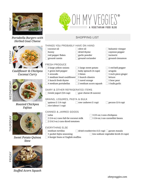Vegetarian Meal Plan & Shopping List - 02.10.14