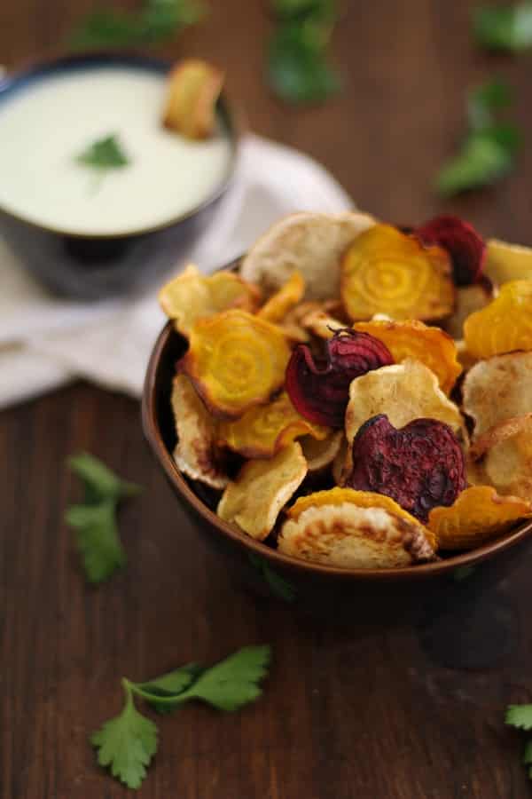 Baked Root Vegetable Chips with Buttermilk-Parsley Dipping Sauce