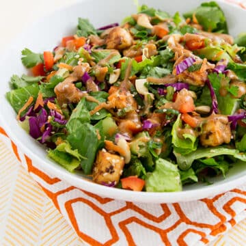 Chopped Power Salad with Baked Tofu and Almond-Miso Dressing