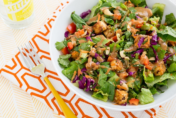 Chopped Power Salad with Baked Tofu and Almond-Miso Dressing Recipe