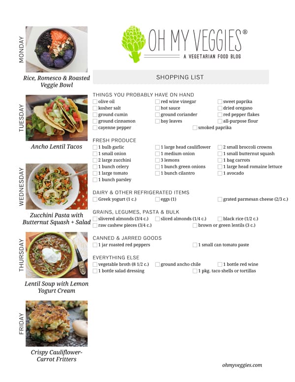 Vegetarian Meal Plan and Shopping List - 03.03.14