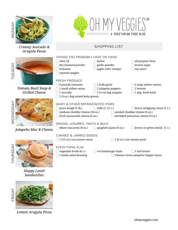 Vegetarian Meal Plan & Shopping List - 02.24.14