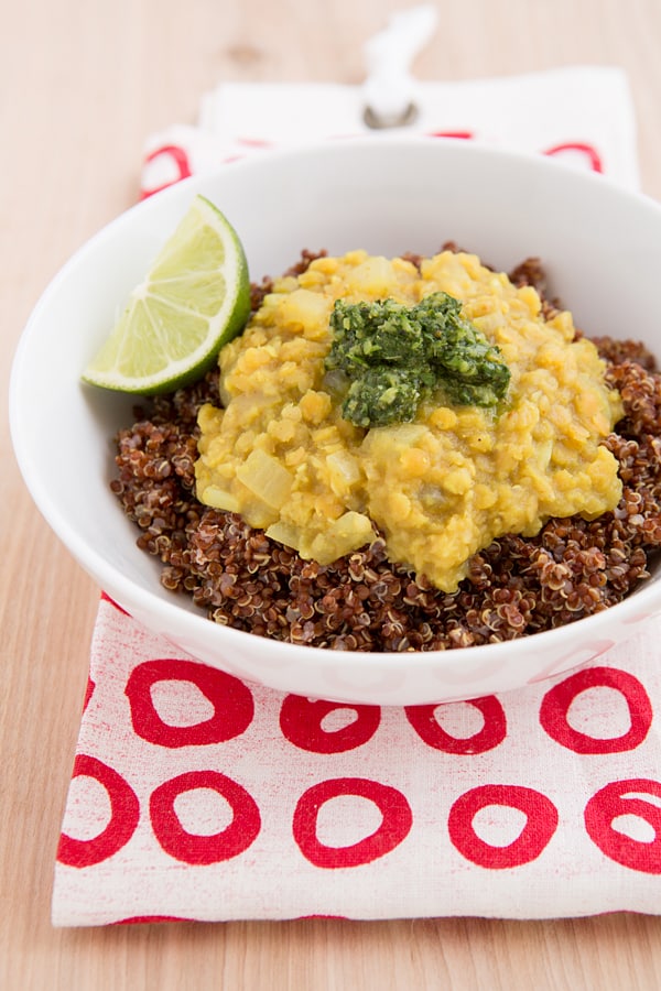 Curried Red Lentil & Quinoa Bowls with Cilantro-Mint Chutney