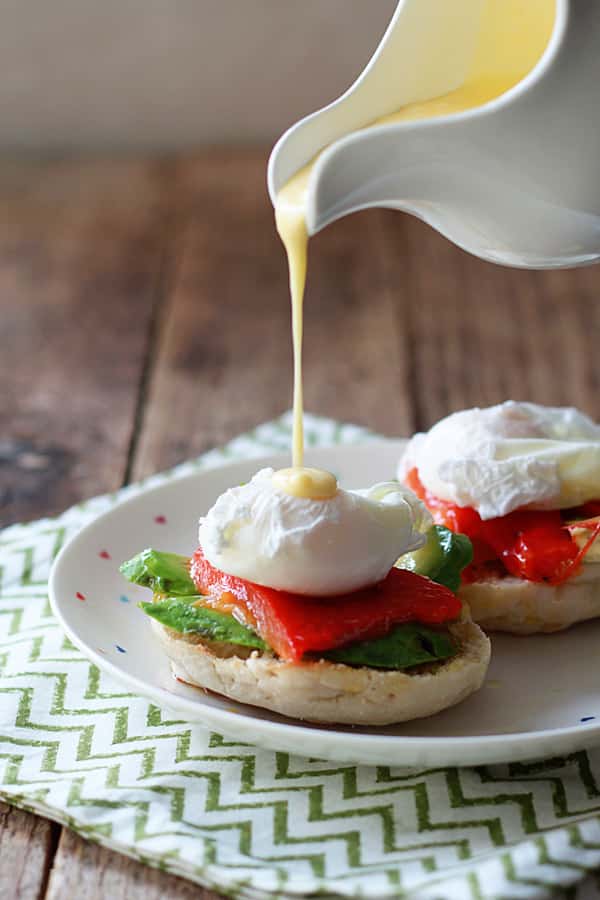 Eggs Benedict with Avocado and Roasted Red Pepper