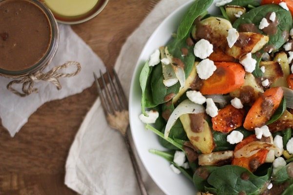 Roasted Root Vegetable Salad with Balsamic-Date Dressing
