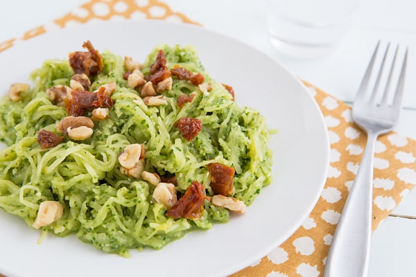 32 Creative Spaghetti Squash Recipes: Spaghetti Squash with Garlicky Kale Pesto and Sun-Dried Tomatoes